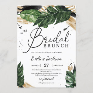 Summer tropical leaves gold boho bridal brunch invitation