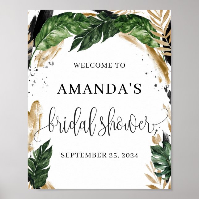 Summer tropical leaves gold bridal shower welcome poster (Front)