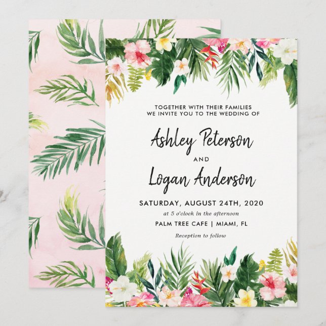Summer Tropical Leaves Wedding Invitation Card (Front/Back)