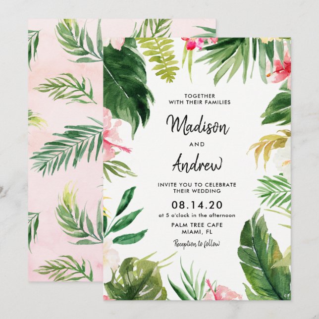 Summer Tropical Leaves Wedding Invitation Card (Front/Back)