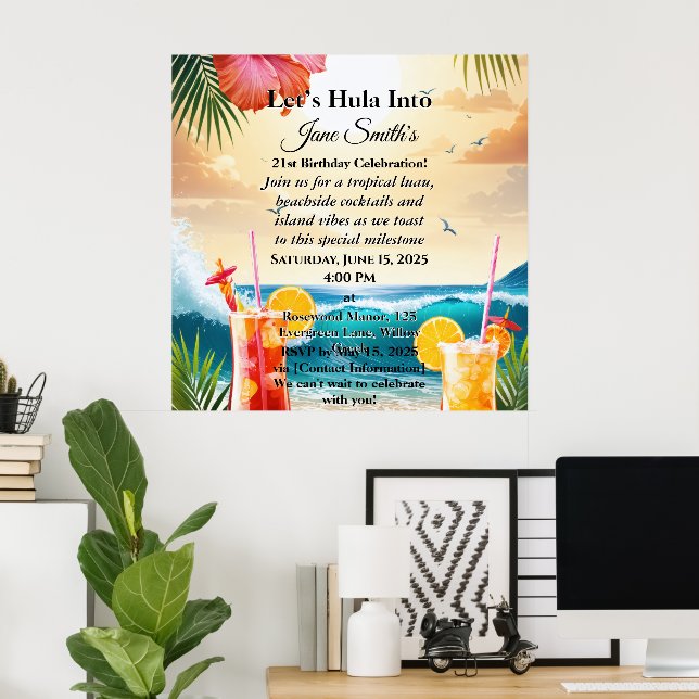 Summer Tropical Luau Beach Party 21st Birthday Poster (Home Office)