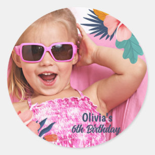 Summer tropical luau Girl pool birthday photo Classic Round Sticker
