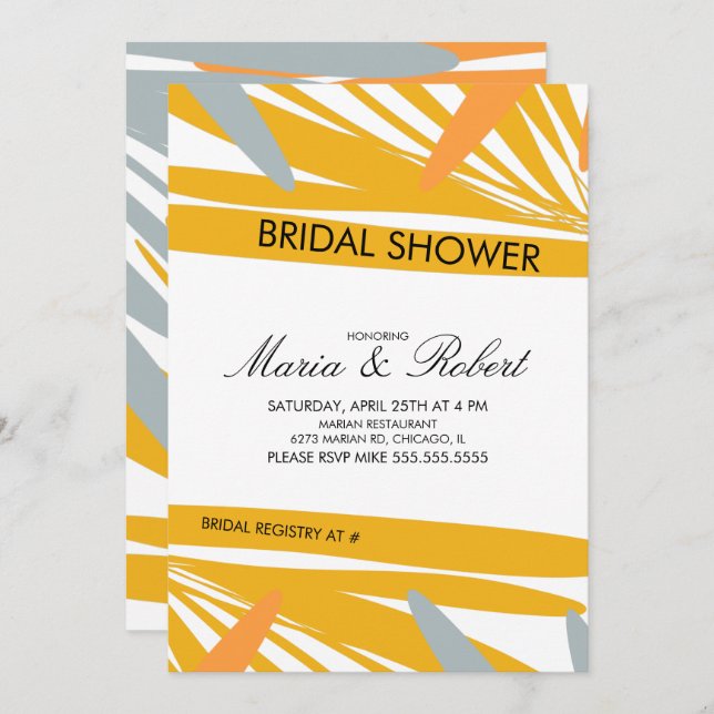 Summer Tropical Palm Abstract Yellow Bridal Shower Invitation (Front/Back)