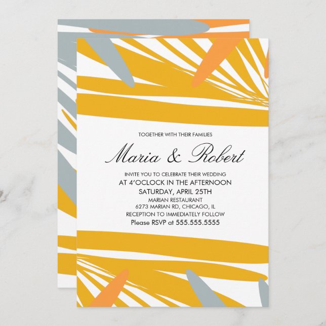 Summer Tropical Palm Abstract Yellow Grey Wedding Invitation (Front/Back)