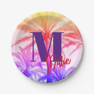summer tropical palm tree in retro neon 80's paper plate