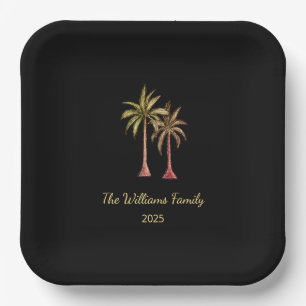 Summer Tropical Palm Trees Pool Party Black Paper Plate