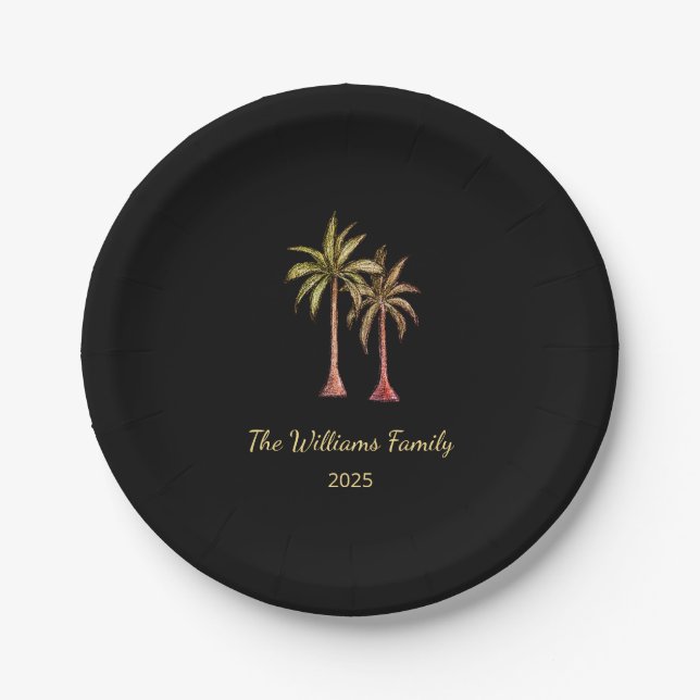 Summer Tropical Palm Trees Swim Pool Party Black Paper Plate (Front)
