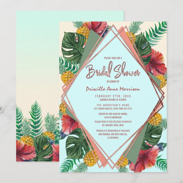 Summer Tropical Pineapple Floral Bridal Shower Invitation (Front/Back)