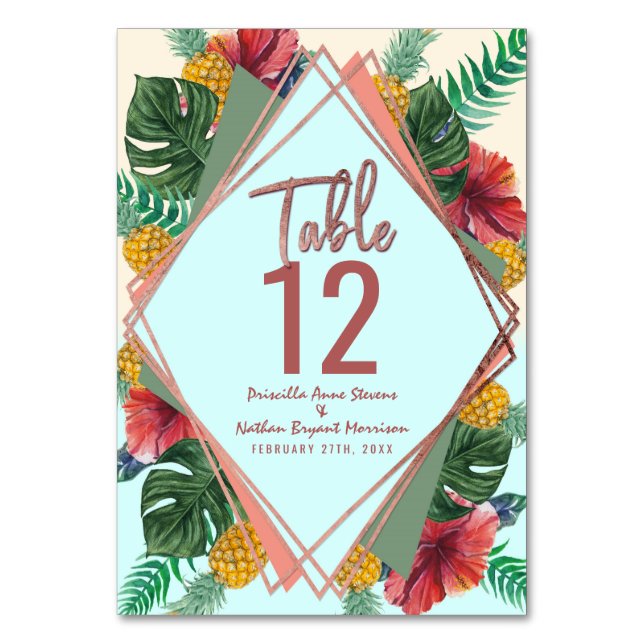 Summer Tropical Pineapple Leaf Floral Table Number (Front)
