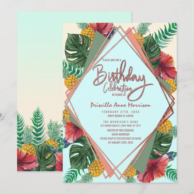 Summer Tropical Pineapple Leaves Floral Birthday Invitation (Front/Back)