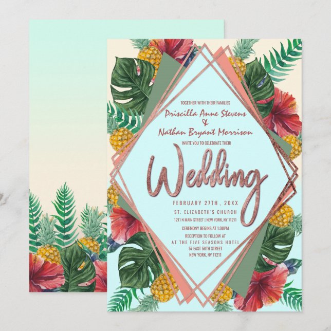 Summer Tropical Pineapple Leaves Floral Wedding Invitation (Front/Back)