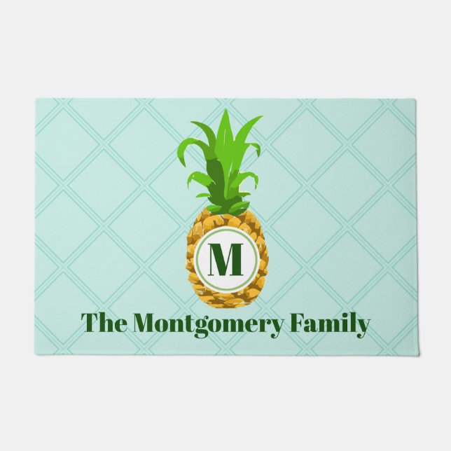 Summer Tropical Pineapple & Monogram Family Name Doormat (Front)