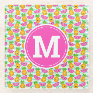 Summer Tropical Pineapple & Watermelon Monogram Glass Coaster