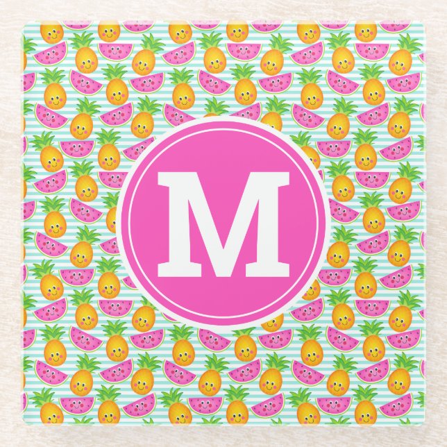Summer Tropical Pineapple & Watermelon Monogram Glass Coaster (Front)