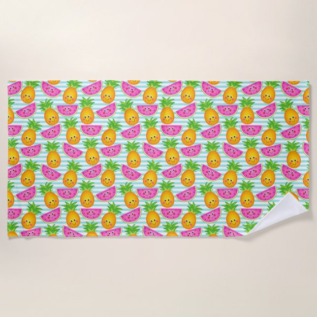 Summer Tropical Pineapple & Watermelon Pattern Beach Towel (Front)