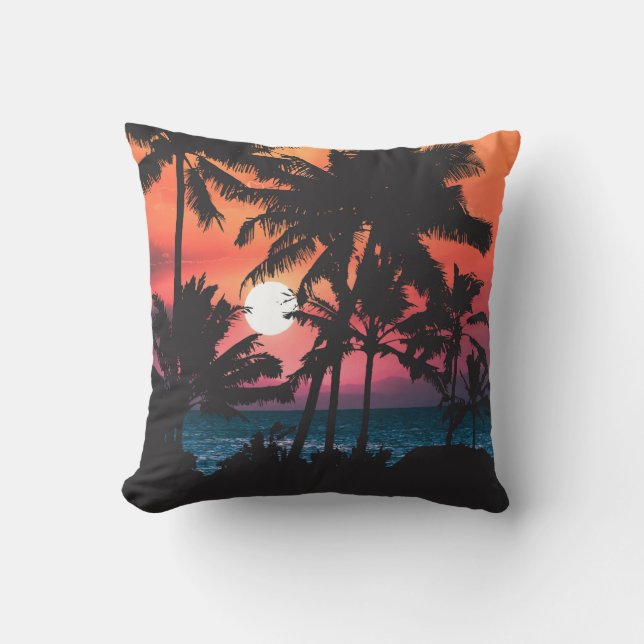Summer Tropical Pink Orange Palm Trees Sunset Cushion (Front)