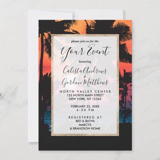 Summer Tropical Pink Orange Palm Trees Sunset Invitation (Front)