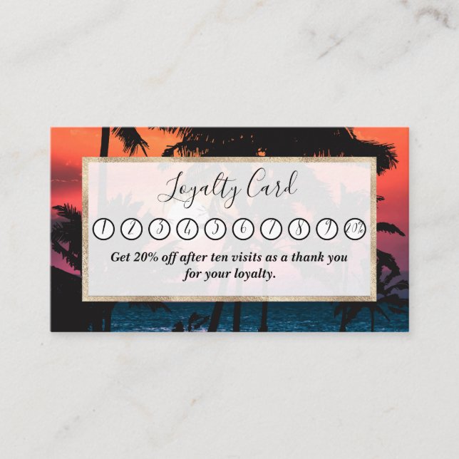 Summer Tropical Pink Orange Palm Trees Sunset Loyalty Card (Front)