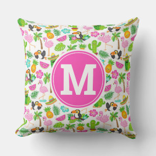 Summer Tropical Toucan and Flamingo Pattern Cushion