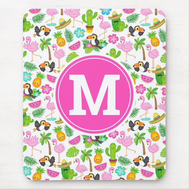 Summer Tropical Toucan and Flamingo Pattern Mouse Mat (Front)