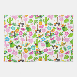 Summer Tropical Toucan and Flamingo Pattern Tea Towel