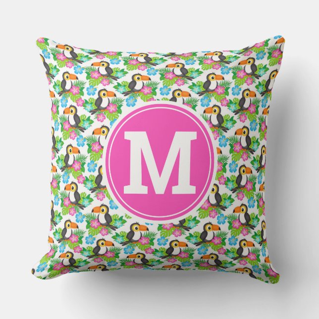 Summer Tropical Toucan and Floral  Pattern Cushion (Front)