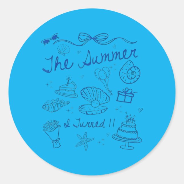 Summer Turned 11 Cute Coastal Bow Seashell 11th Classic Round Sticker (Front)