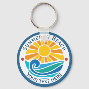 Summer Turquoise Beach Wave and Sun Retro Style Key Ring
