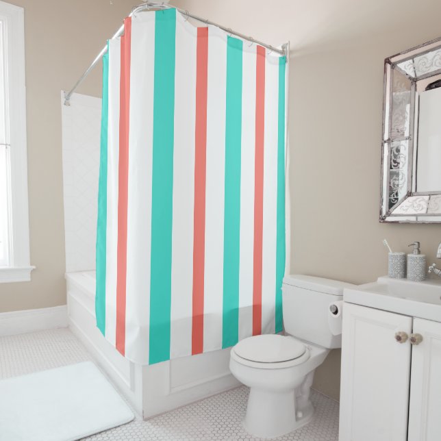 Summer Turquoise Coral White Vertical Stripes Shower Curtain (In Situ)