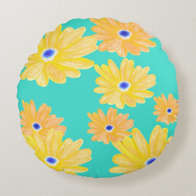 Summer Turquoise Yellow Floral Throw Pillow (Front)