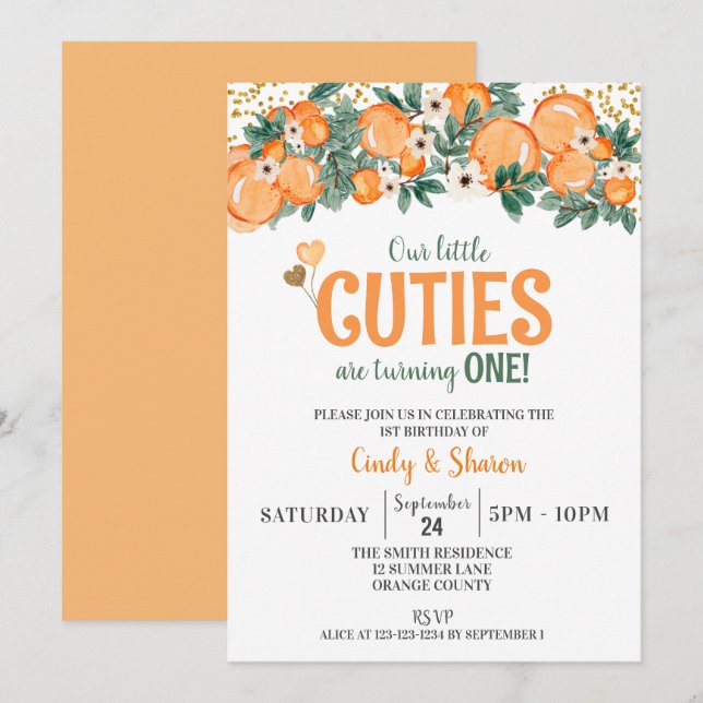 Summer Twins 1st Birthday, Oranges Girls Birthday Invitation (Front/Back)