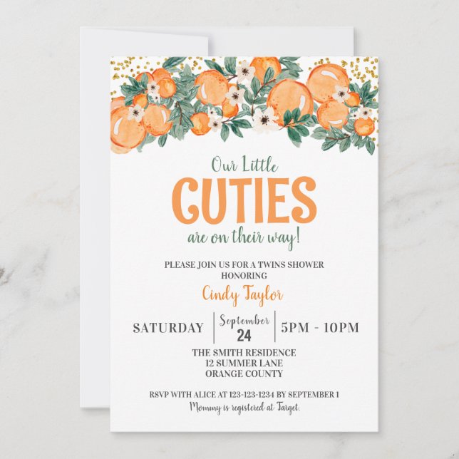 Summer Twins Shower, Orange Citrus Baby Shower Invitation (Front)