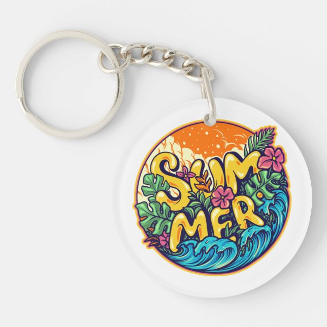 Summer Typographic Tropical Waves  Key Ring (Front)