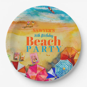 Summer Umbrellas on the Sand 16th Birthday Paper Plate