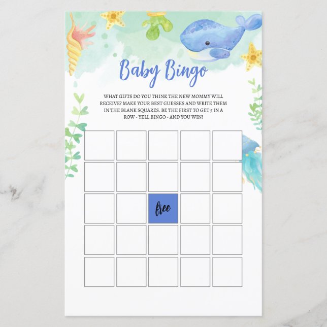 Summer Under the Sea Baby Shower Game BINGO (Front)