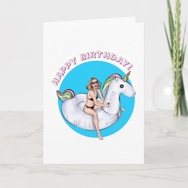 Summer Unicorn Pool Float Birthday Card (Front)
