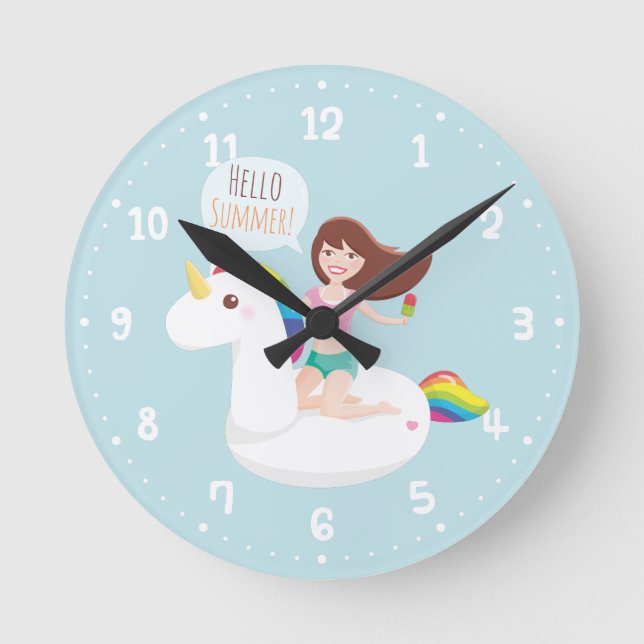 Summer Unicorn Pool Float Wall Room Decor Clock (Front)