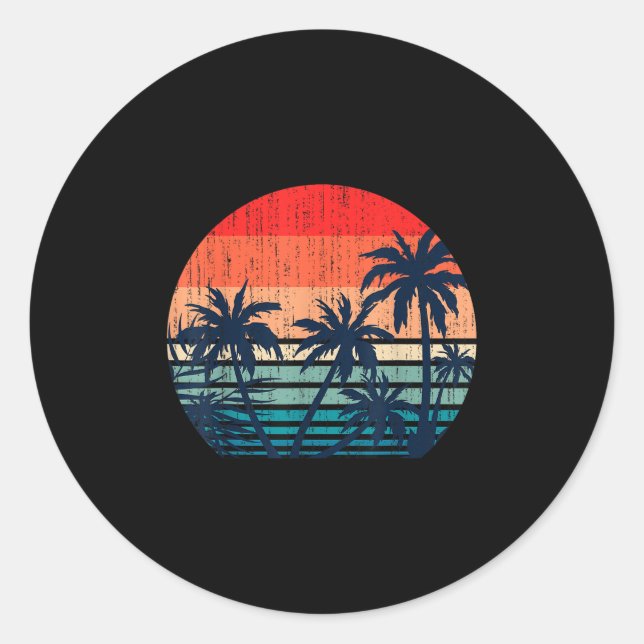 Summer Vacation Beach Palm Trees Retro Tropical Su Classic Round Sticker (Front)