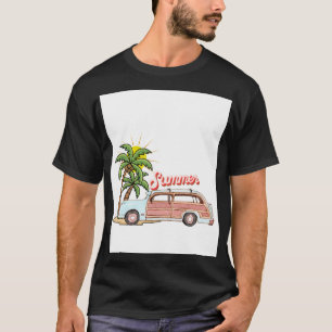 Summer Vacation Beach Vibes Retro Car & Palm Tree  T-Shirt