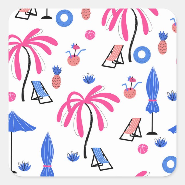 Summer Vacation: Palm Trees Pineapples Pattern Square Sticker (Front)