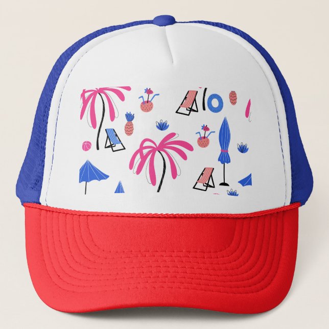 Summer Vacation: Palm Trees Pineapples Pattern Trucker Hat (Front)