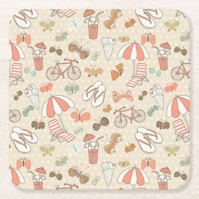 Summer Vacation Pattern Square Paper Coaster (Front)
