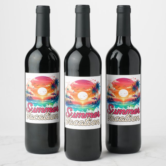 Summer Vacation Tropical Sunset Beach Retro Design Wine Label (Bottles)