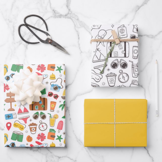 Summer Vibe Cute Doodle Colourful Black and White Wrapping Paper Sheet (Front)
