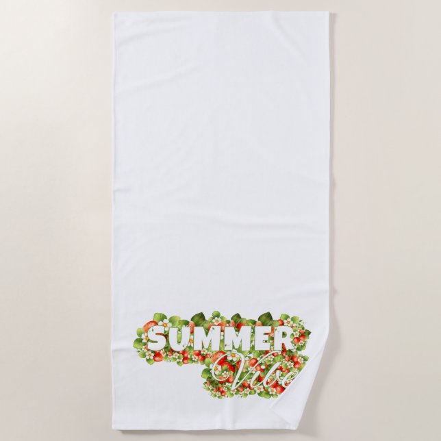 Summer Vibe Floral Design – Strawberry & Blossom Beach Towel (Front)