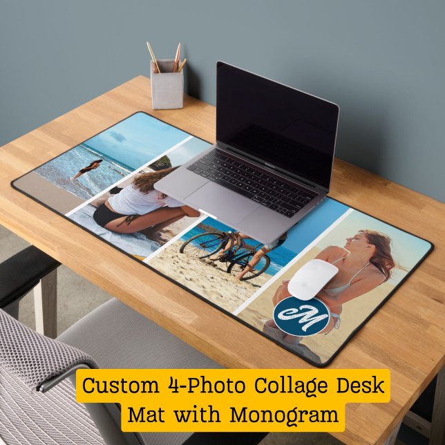 Summer Vibe: Personalised Photo Collage & Monogram Desk Mat (Custom 4-Photo Collage Desk Mat with Monogram)