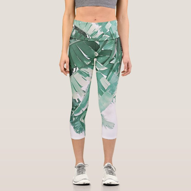 Summer Vibes Banana Leaves Pale Green Capri Leggings (Front)