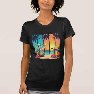 Summer Vibes Beach Scene – Tropical Sunset with Fl T-Shirt
