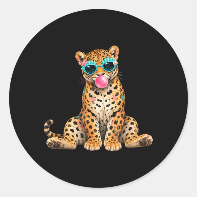 Summer Vibes Beach Vacation Leopard Blowing Bubble Classic Round Sticker (Front)