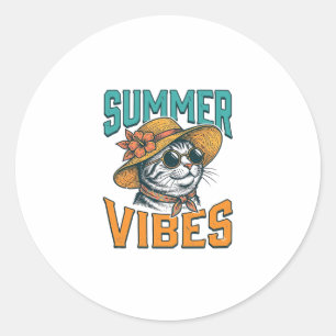 Summer Vibes Cat Vintage Engraving Design_1 Classic Round Sticker